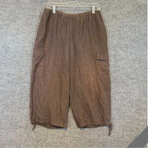 Flax Pants Womens Medium Brown Linen Crop Artsy Stretch Waist Pull On Parachute